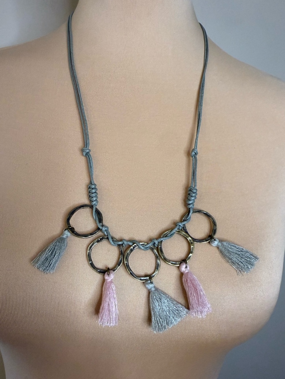 POL braided rope pastel tasseled metal ring boho necklace